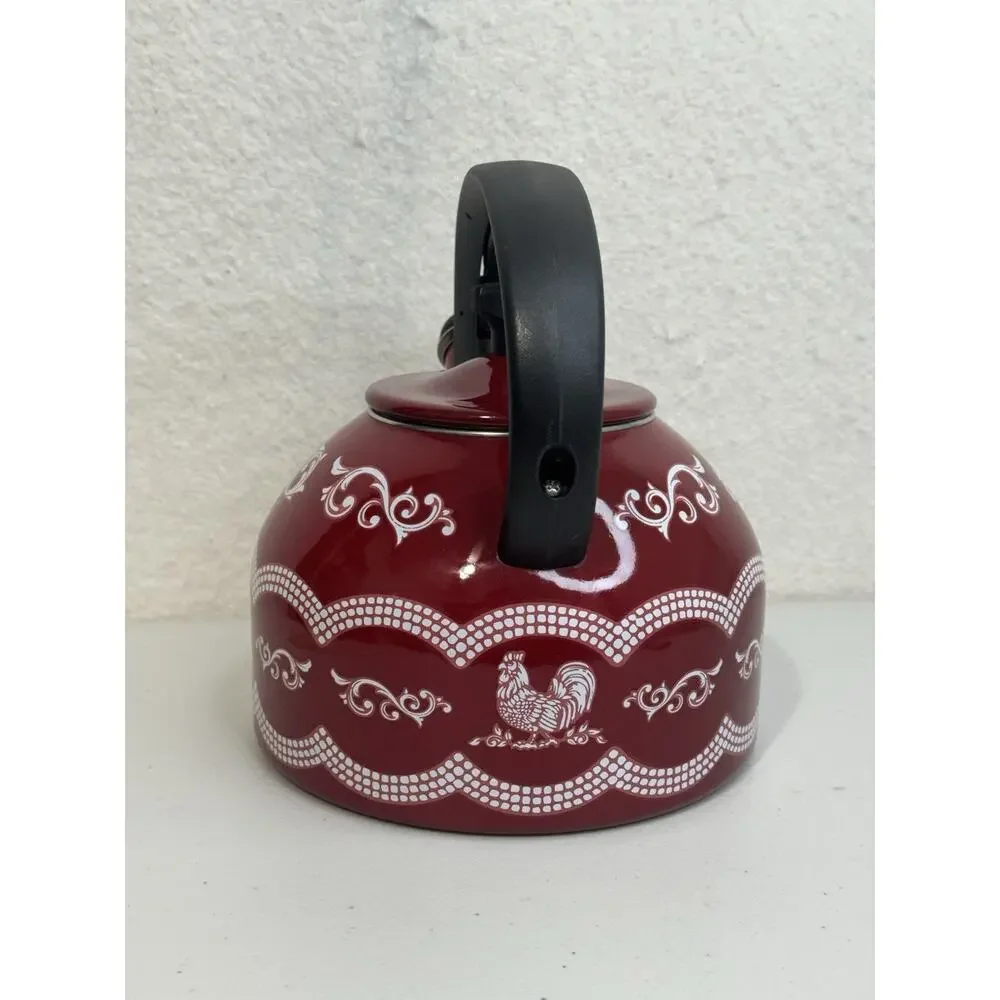 Temptations Tara Doodle Doo Red Enamel Steel Tea Kettle 2.3qt Country Farmhouse